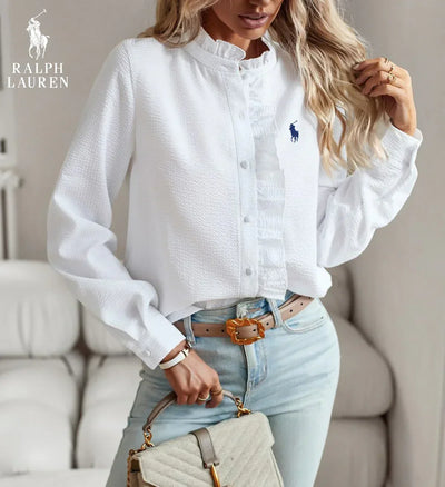 R. Ꮮаᴜгеn Camisa de Botones con Volantes – Ajuste Suave y Texturizado
