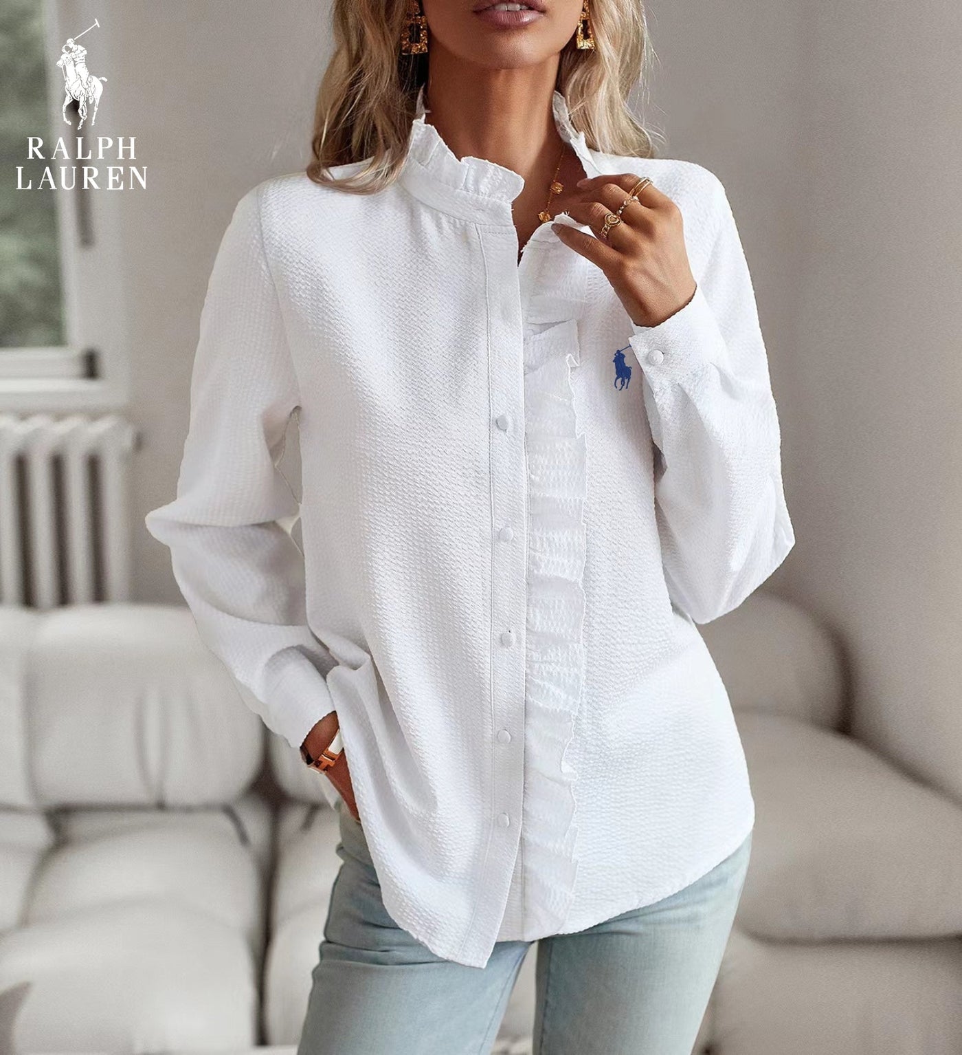 Blusa R. Lauren con Volantes – Estructura Suave y Clásico Botón