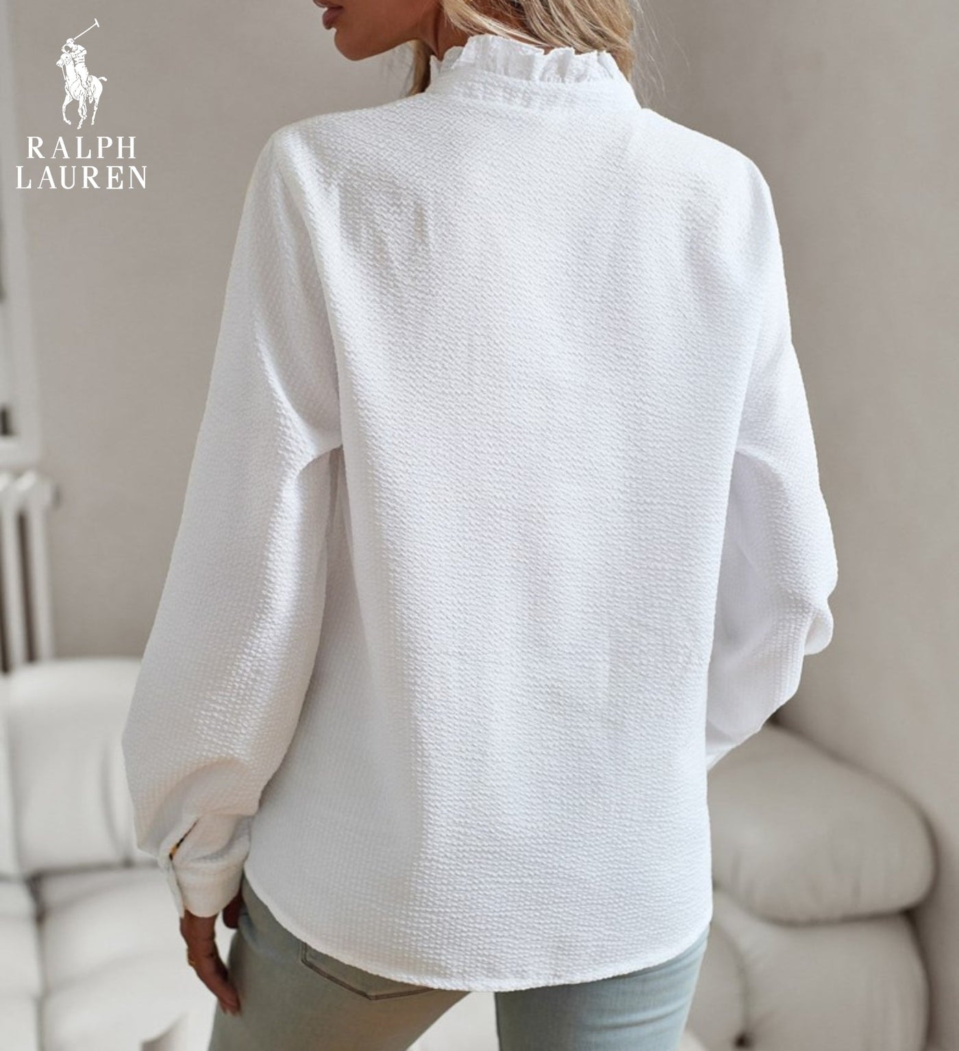 Blusa R. Lauren con Volantes – Estructura Suave y Clásico Botón