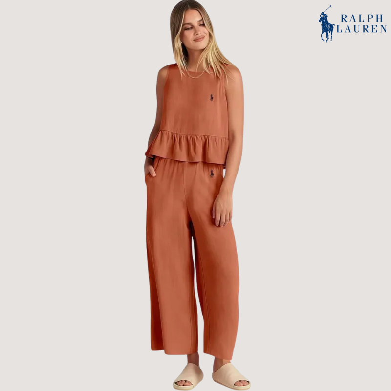 R. Lauren Conjunto de Dos Piezas con Tirantes Volantes + Sombrero de Sol Gratis – Compra 1, Lleva 2