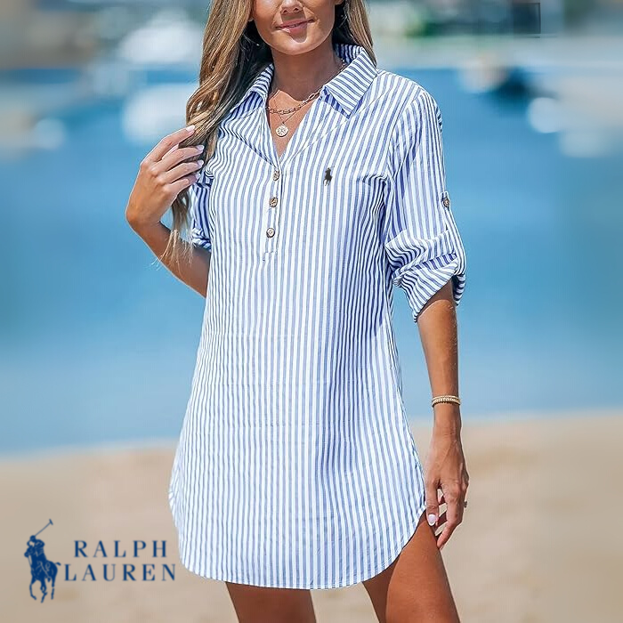 R. Ꮮаᴜгеn Vestido Camisero Clásico a Rayas + Bolsa Tote Brie de R. Ꮮаᴜгеn Gratis
