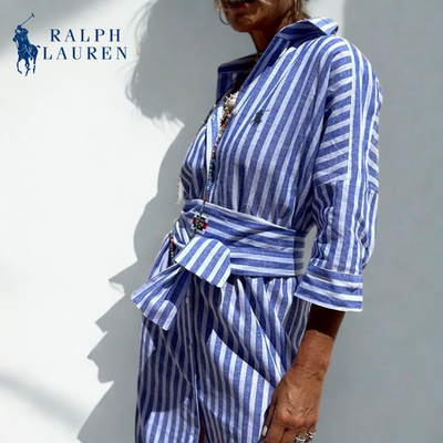 R. Ꮮаᴜгеn Vestido Camisero a Rayas con Cintura Ajustable