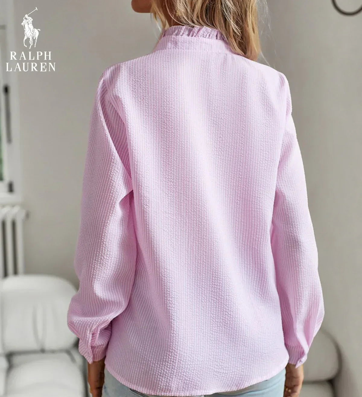 R. Ꮮаᴜгеn Camisa de Botones con Volantes – Ajuste Suave y Texturizado